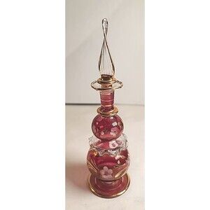 Vintage Etched Blown Glass Perfume Bottle w/ Stopper  Hand Painted Cranberry